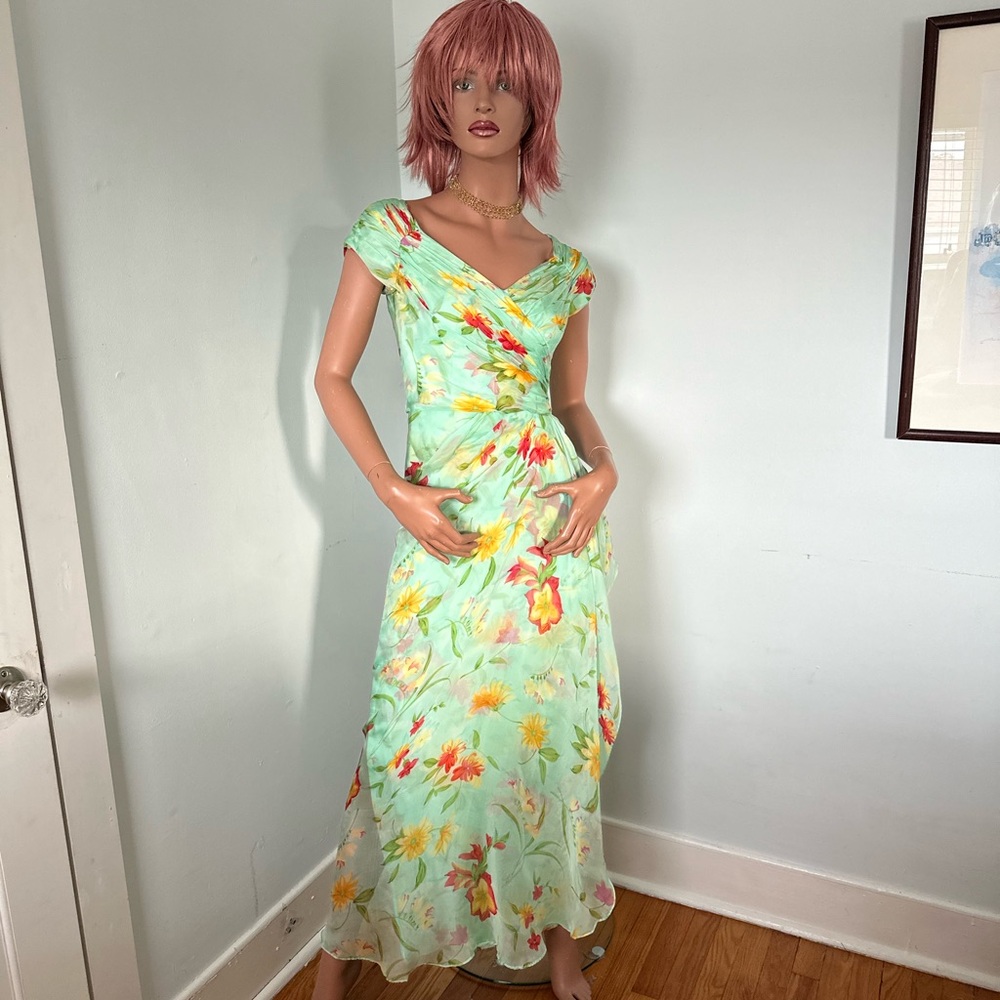Victor Costa for Nahdree Floral Green Silk Maxi Dress